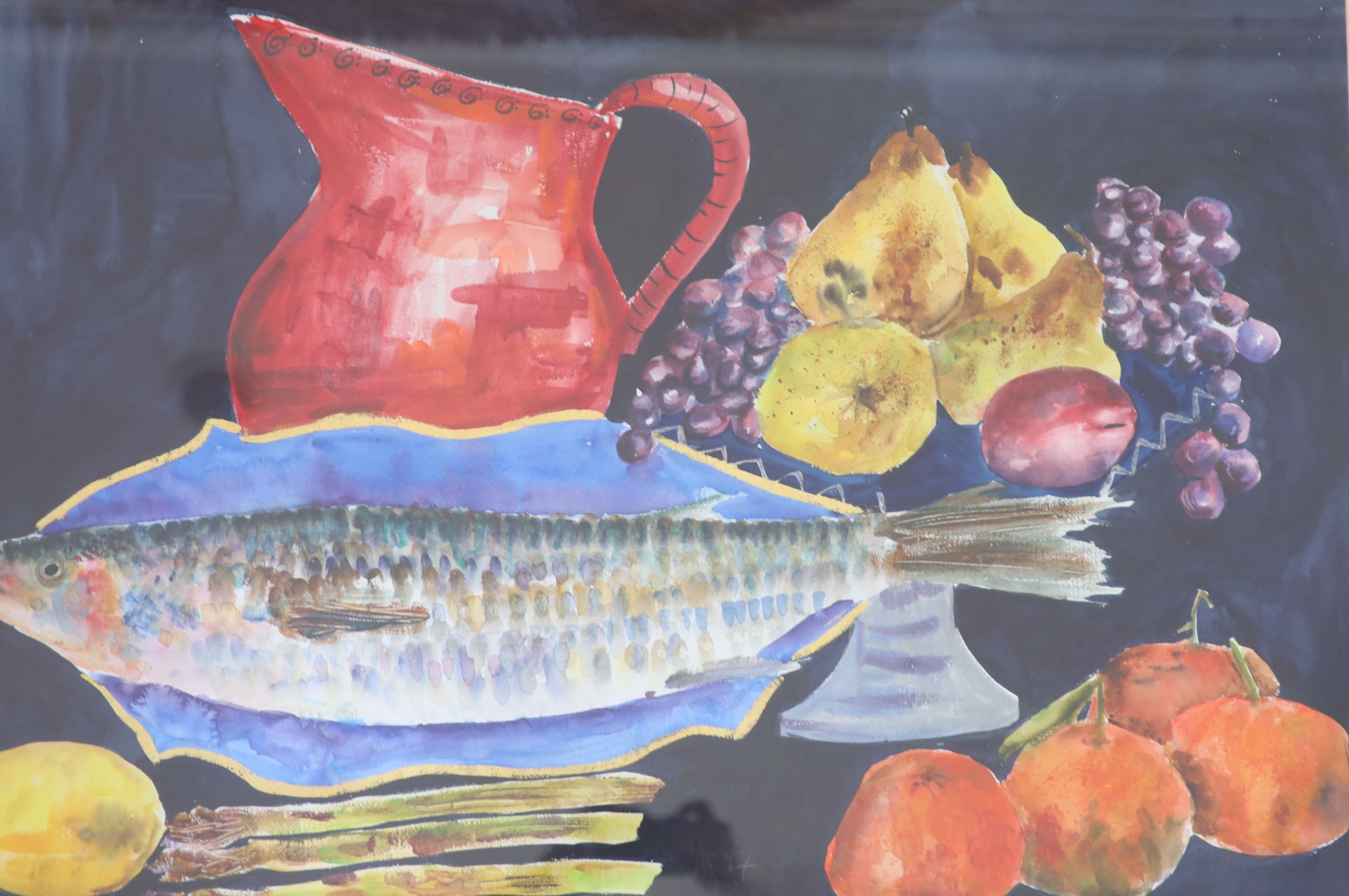 Hillary Rosen, watercolour, Fish with red vase, Boundary Gallery label verso dated 1997, 70 x 100cm